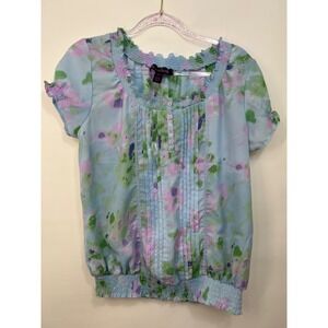 Gloria Vanderbilt Casuals Blouse Blue Floral Button‎ Elastic Waist Women's Sz PM
